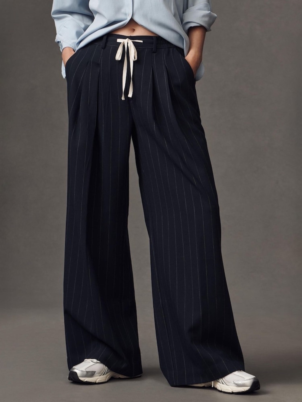 Anthropologie Navy Pinstripe Maeve Avery High Waisted Wide Leg MSRP $236 XXS